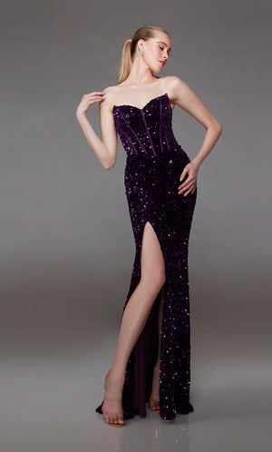 Purple sequin prom dress: Strapless corset top, side slit, and slight train for an chic and modern aesthetic.