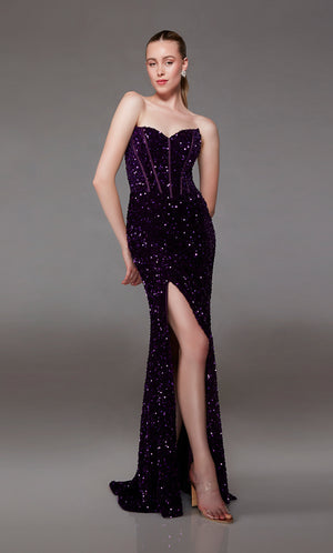 Purple sequin prom dress: Strapless corset top, side slit, and slight train for an chic and modern aesthetic.