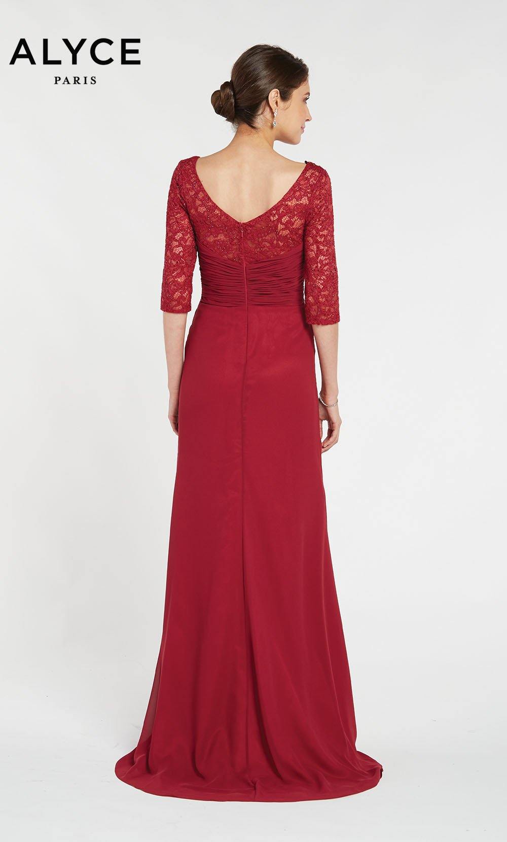 Long Wine mother of the groom dress with sleeves, a V-neckline, lace bodice, and gathered waistline