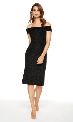 Glitter off the shoulder cocktail dress with back slit in black. COLOR-SWATCH_27343__BLACK