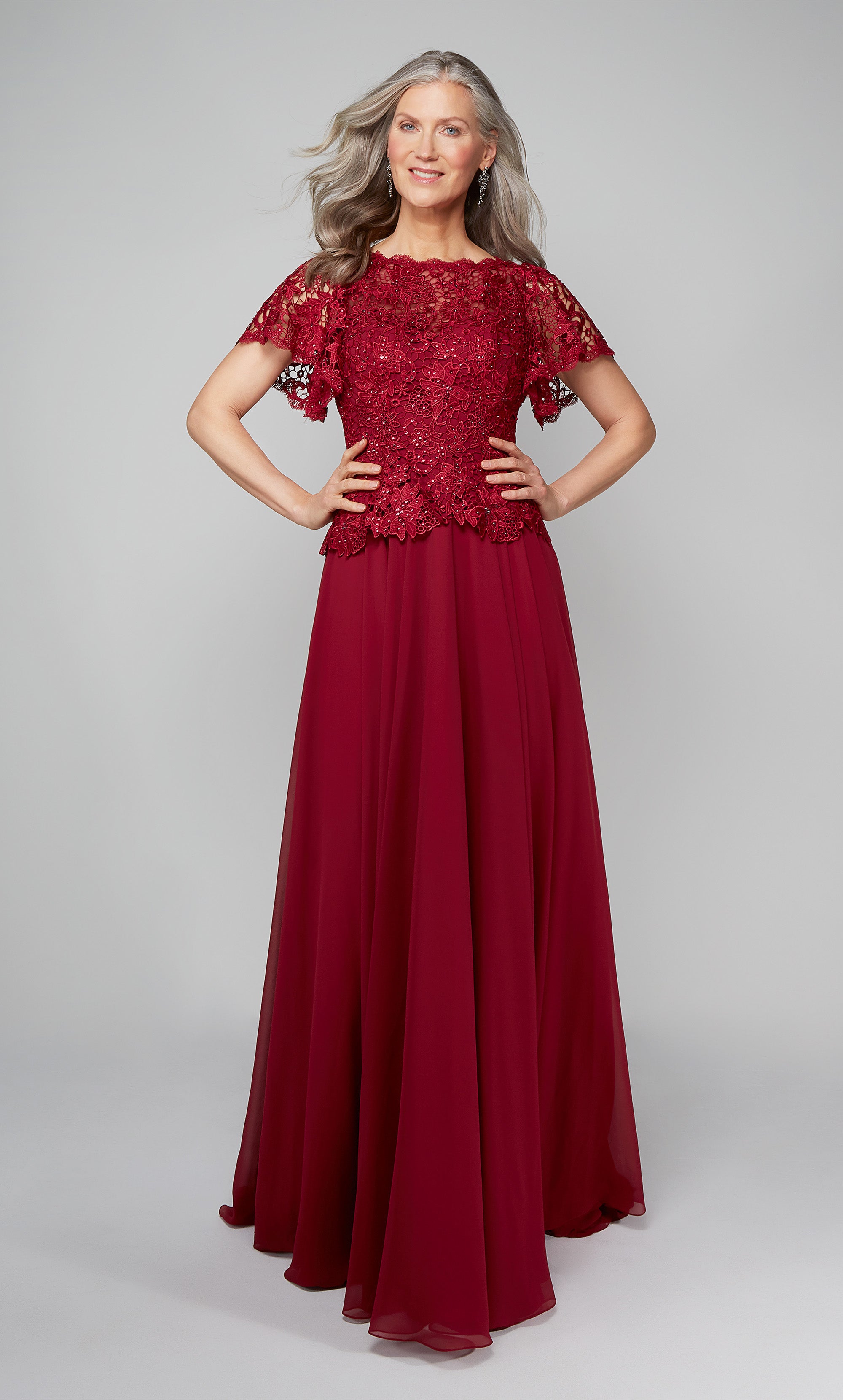 Long formal dress with lace peplum top with butterfly sleeves and a flowy chiffon skirt in wine red. COLOR-SWATCH_27469_WINE