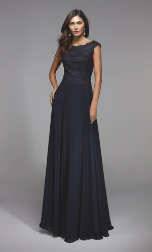 Midnight blue chiffon-lace guest of wedding dress with a scoop neck and capped sleeve