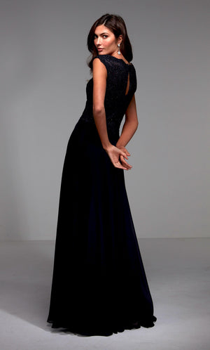 Midnight blue chiffon-lace guest of wedding dress with a keyhole back and capped sleeve