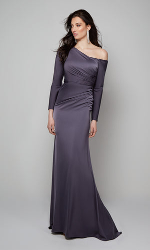 Graphite off the shoulder mother of the groom dress with ruching detail.