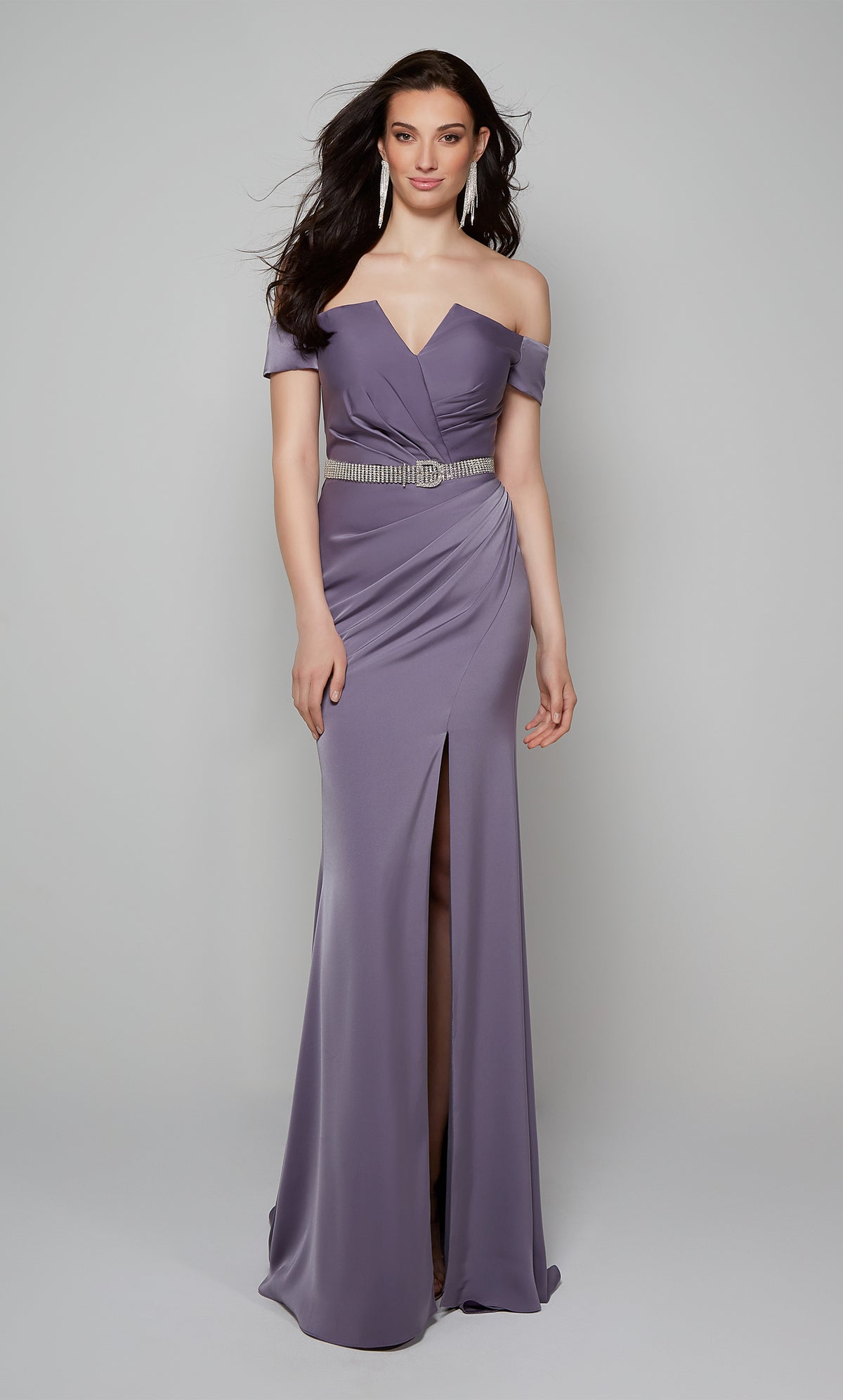 Off the shoulder mother of the bride gown with pleated bodice, ruching detail, and side slit.