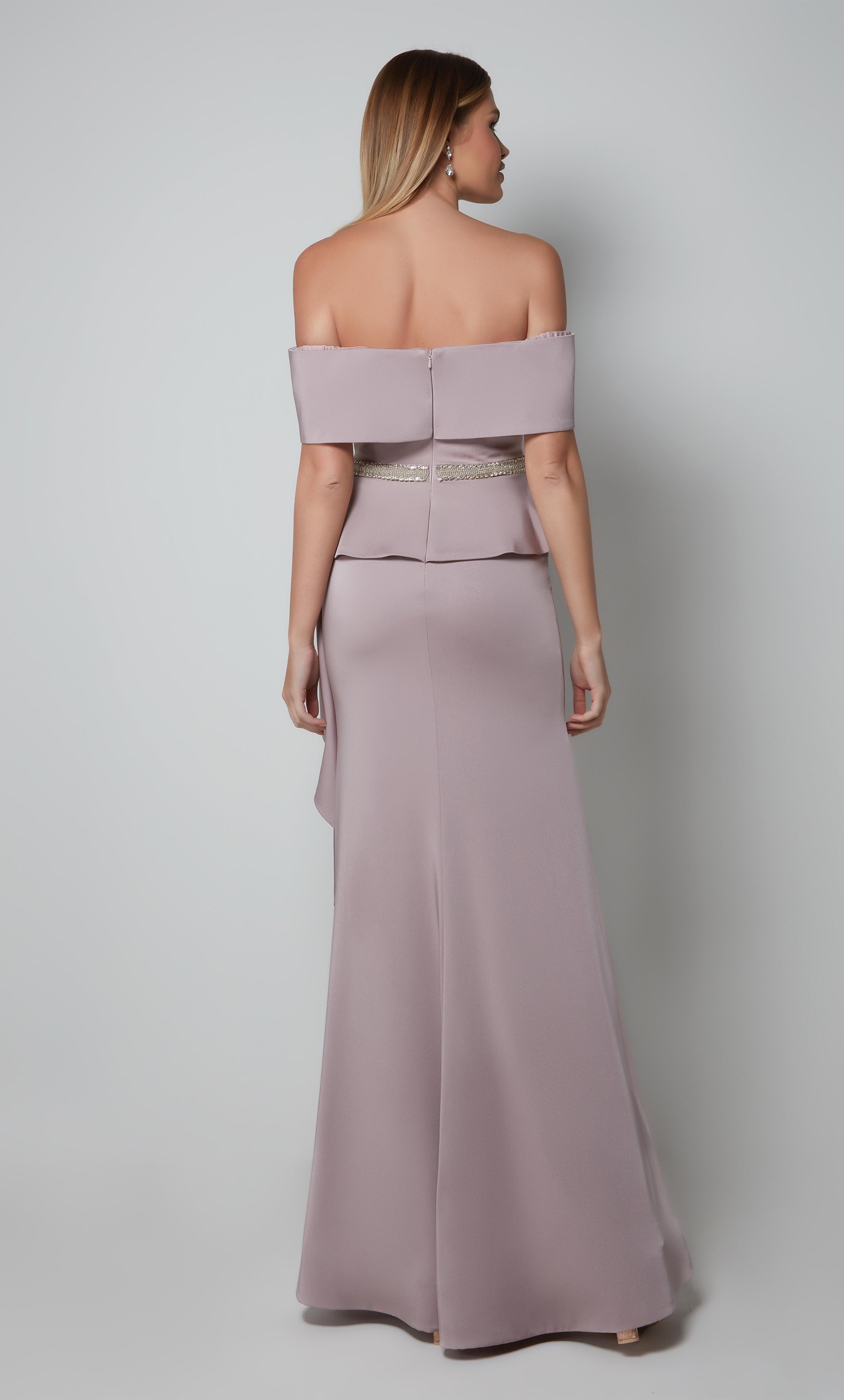 Light purple ruffle dress with an off the shoulder neckline and faux beaded belt. Color-SWATCH_27563__SOFT-HEATHER