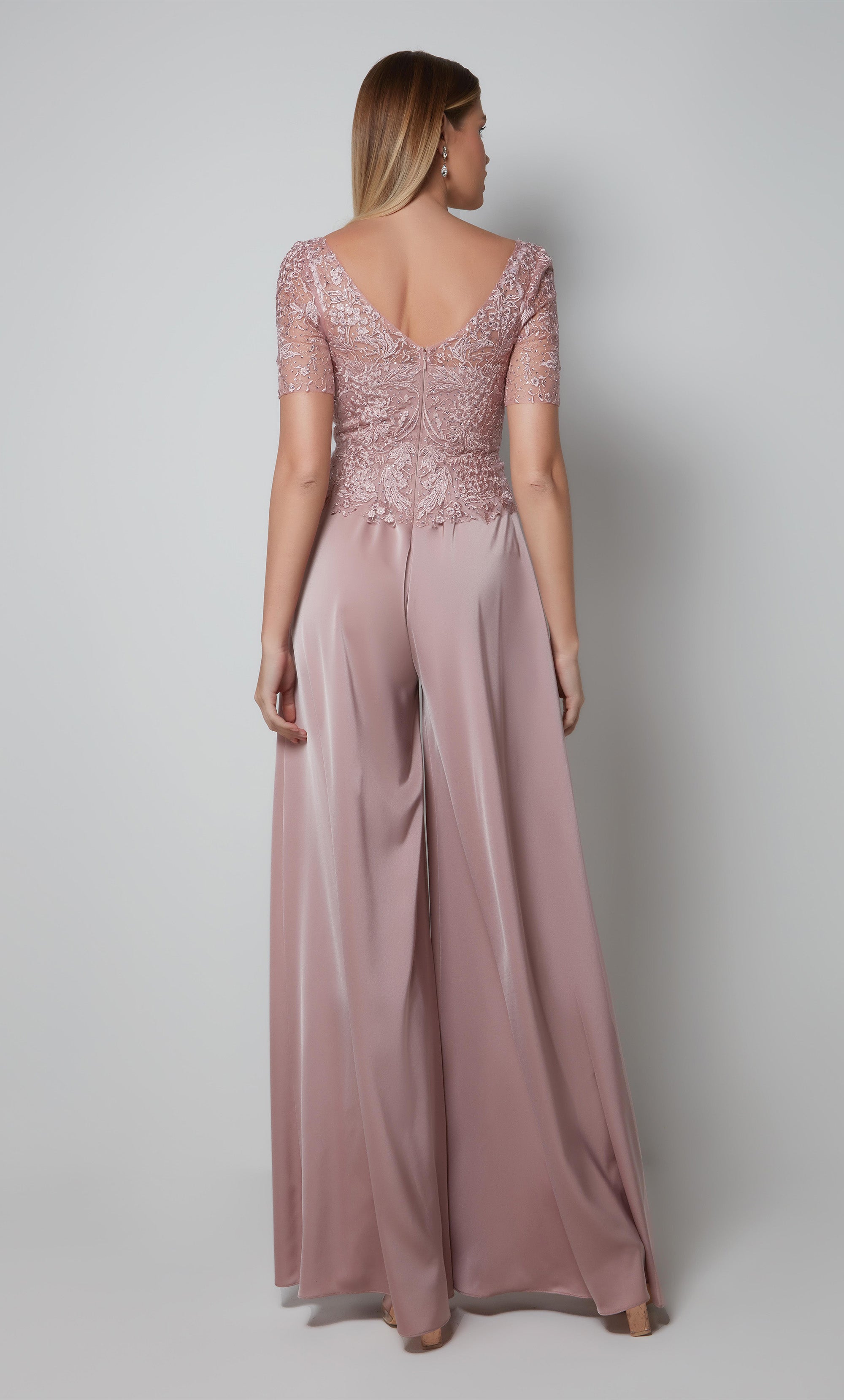 Light pink wide leg jumpsuit with a short sleeve lace bodice. Color-SWATCH_27564__CASHMERE-ROSE