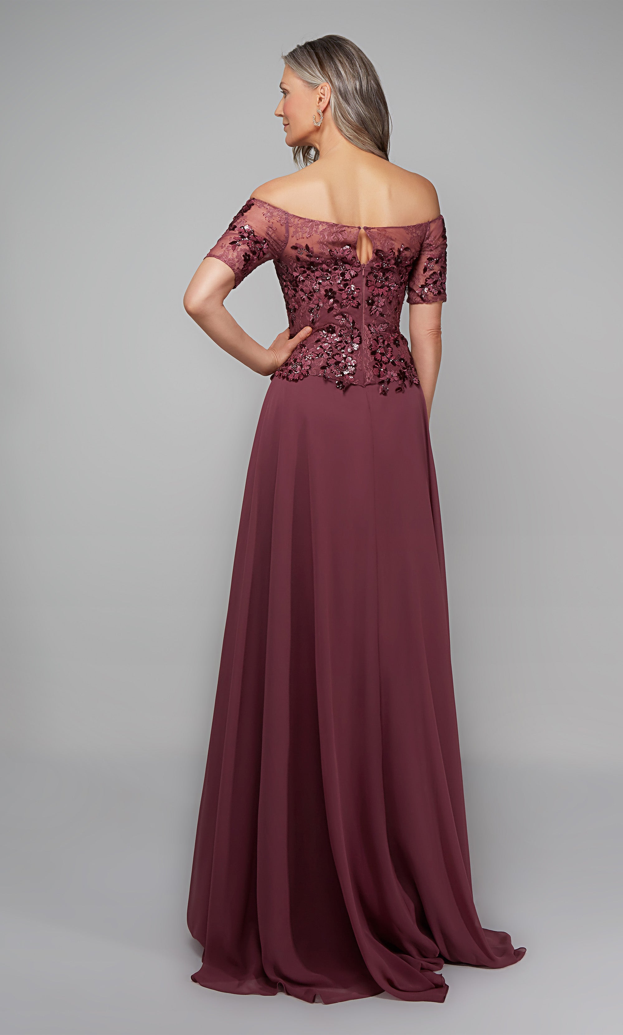 Off the shoulder chiffon formal dress with floral appliques in purple. Color-SWATCH_27566__CASSIS