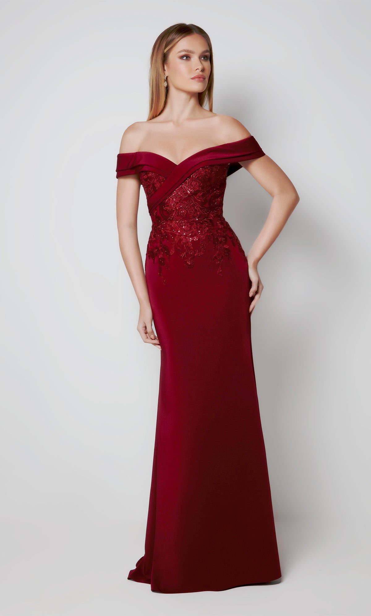 Burgundy wedding guest dress with an off the shoulder neckline and embellished bodice. Color-SWATCH_27571__BURGUNDY