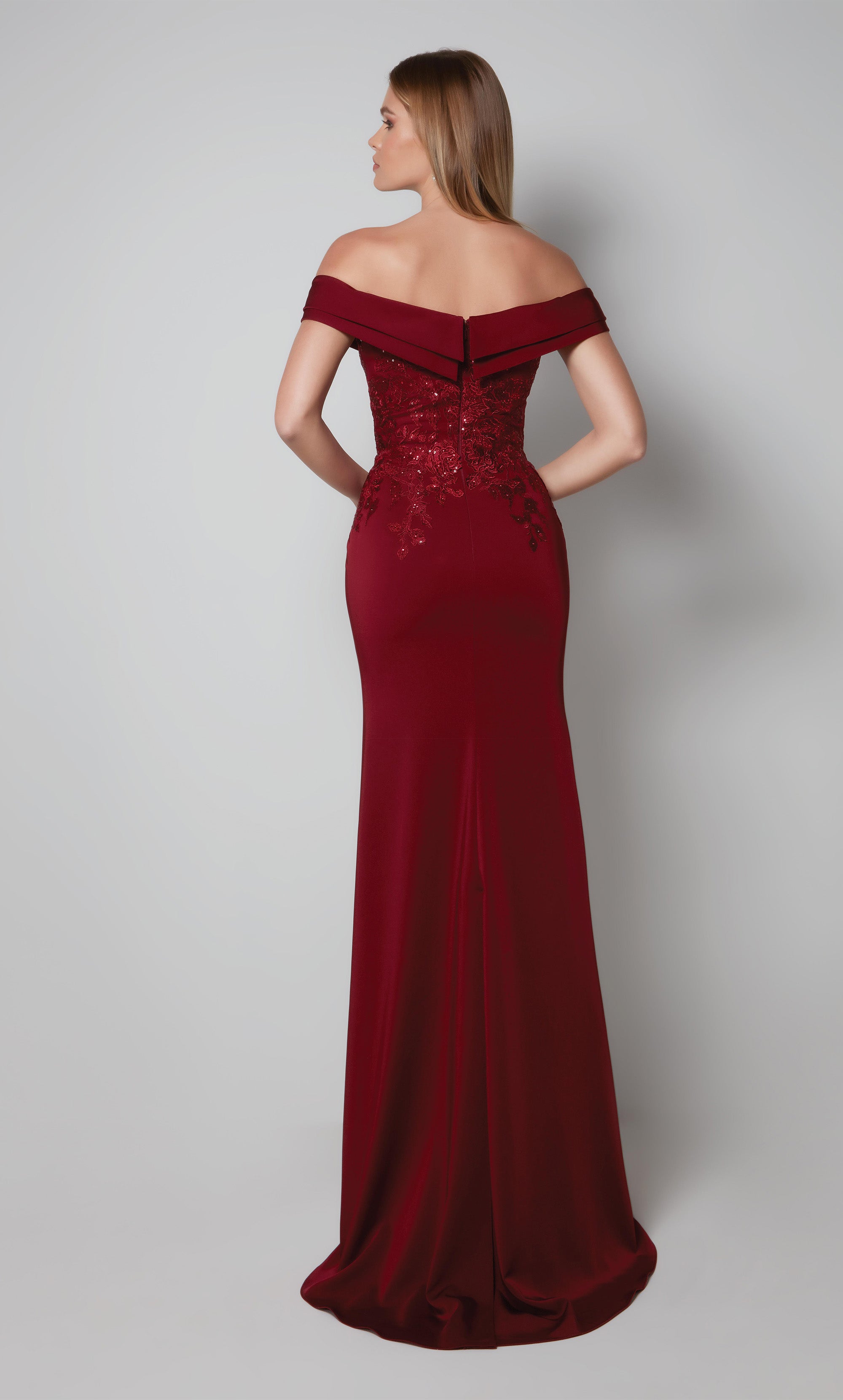 Burgundy wedding guest dress with an off the shoulder neckline and embellished bodice. Color-SWATCH_27571__BURGUNDY