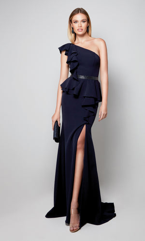 Midnight blue one shoulder peplum dress with ruffle detail, faux beaded belt, and side slit. Color-SWATCH_27577__MIDNIGHT