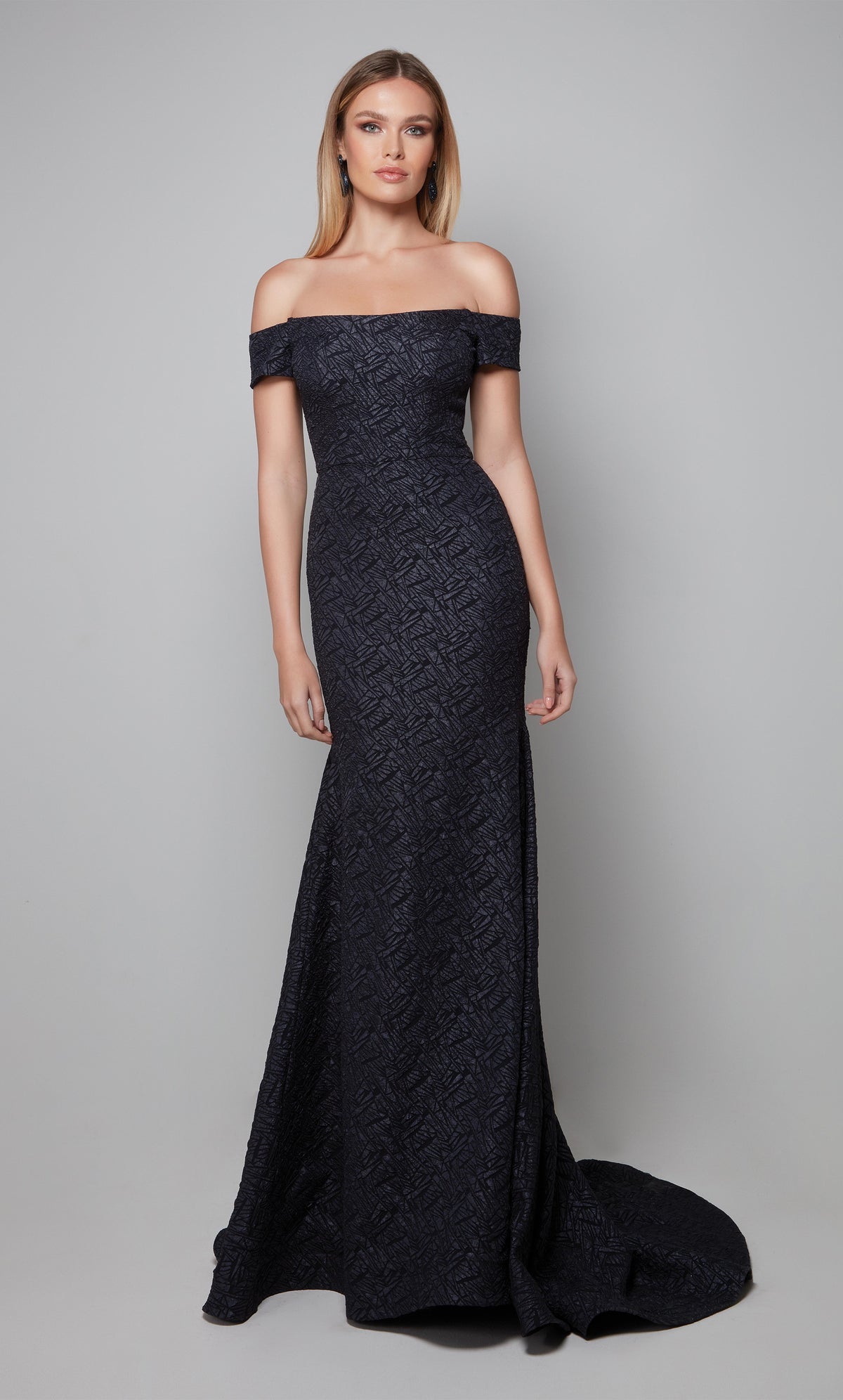 Off the shoulder evening gown in midnight blue. Color-SWATCH_27578__MIDNIGHT