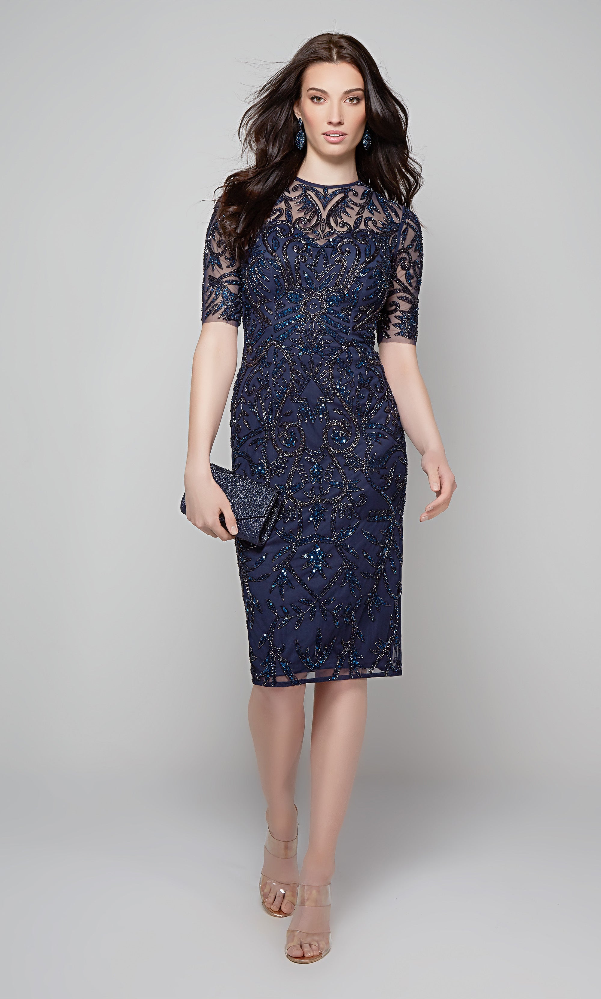 Embellished midi dress with short sleeves in midnight blue. Color-SWATCH_27583__MIDNIGHT