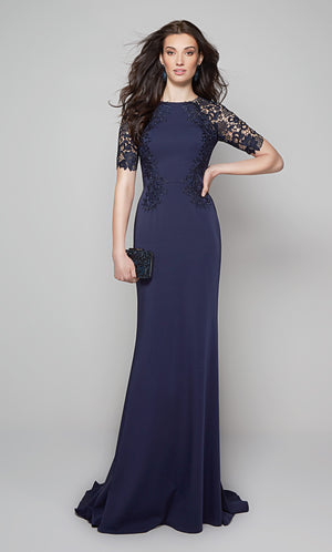 Fit and flare formal gown with lace detail and short sleeves in midnight blue. Color-SWATCH_27585__MIDNIGHT