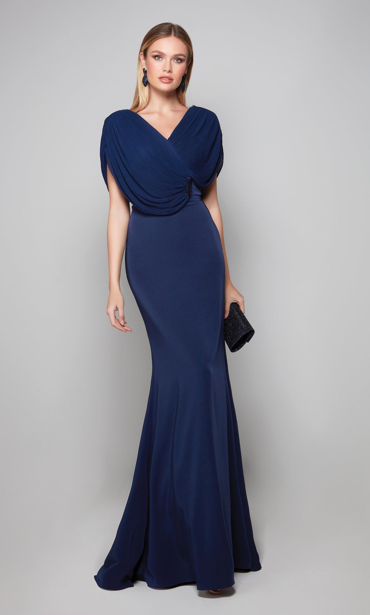 Fit and flare drape dress with decorative lace applique at the natural waist in midnight blue. Color-SWATCH_27591__MIDNIGHT