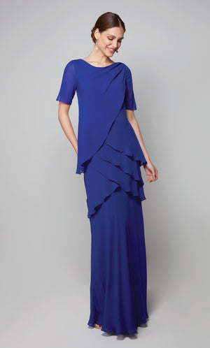 Chiffon modest mother of the bride dress with short sleeves in cobalt blue.