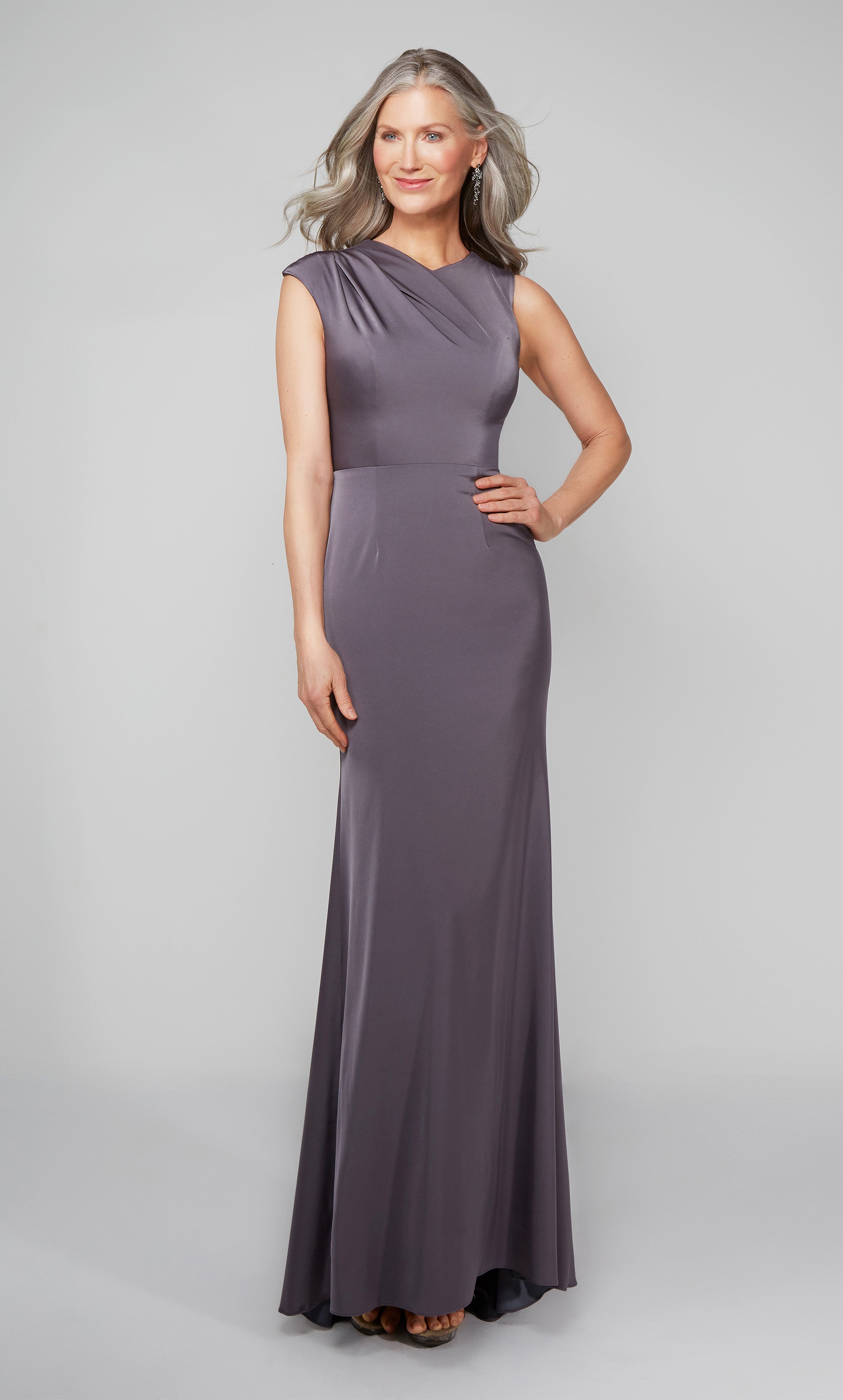 Simple mother of the bride dress with ruching detail on bodice in graphite color. Color-SWATCH_27598__GRAPHITE