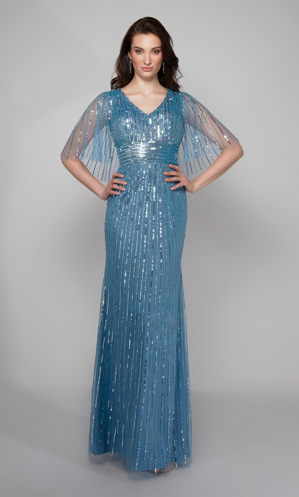 Embellished evening gown with a V neck and sheer capelet in blue. Color-SWATCH_27599__NIAGARA-BLUE