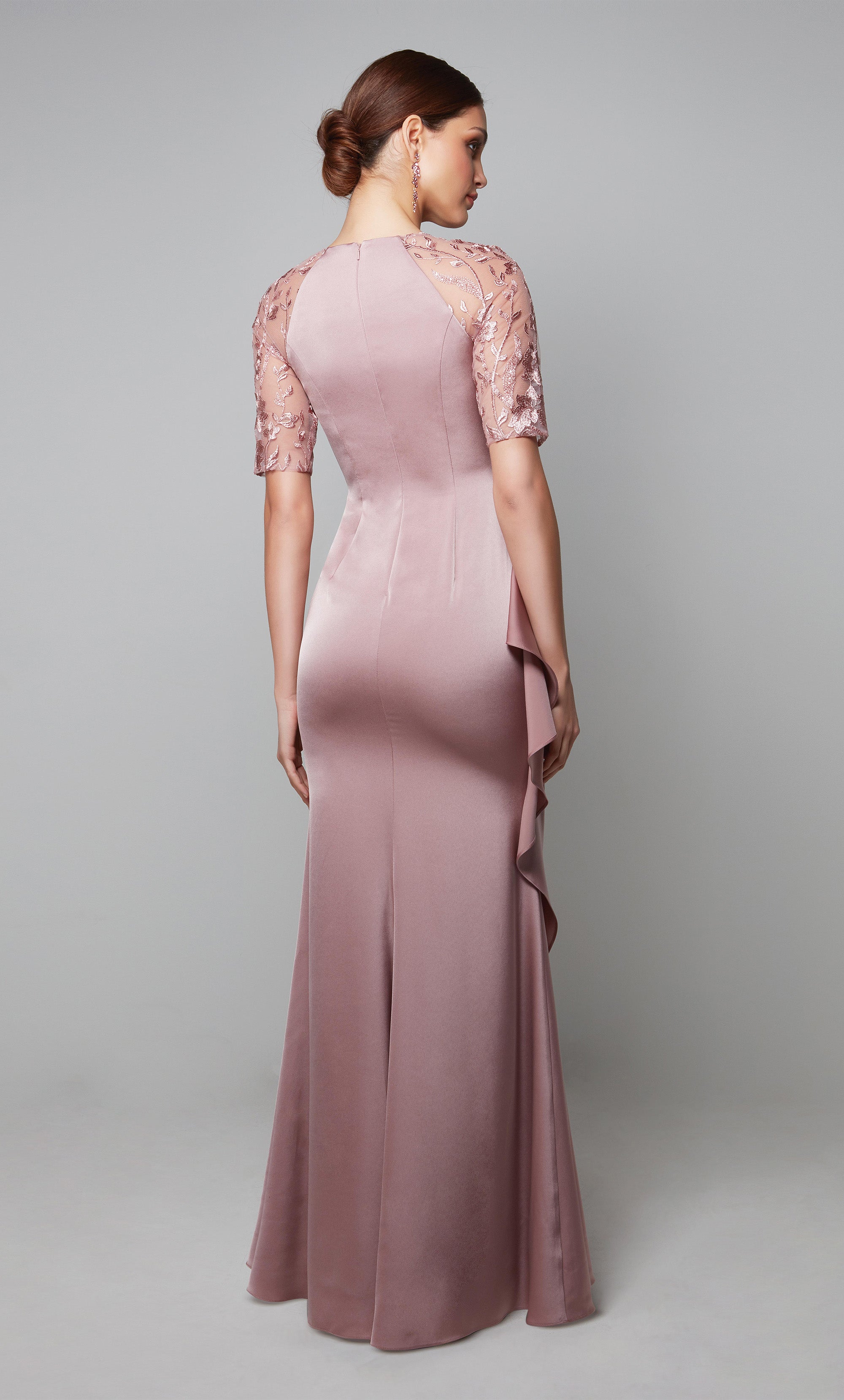 Ruched ruffle dress with a high neck and sheer lace sleeves in light pink. Color-SWATCH_27601__HEATHER