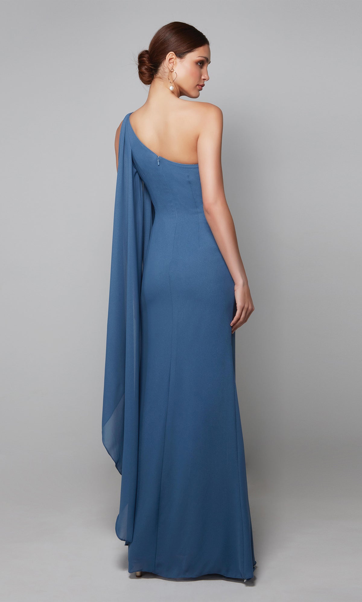 One shoulder cape dress with a closed back in blue.