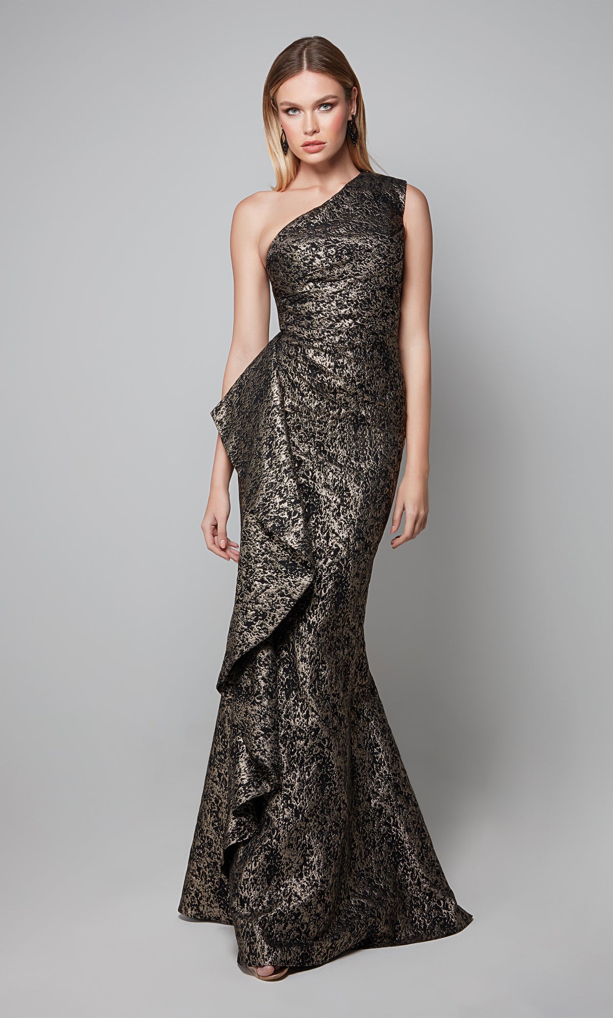 One shoulder jacquard side ruffle gown in black-gold. Color-SWATCH_27620__GOLD-BLACK