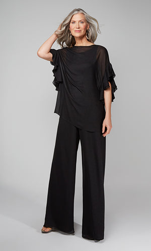 Black formal jumpsuit with ruffle sleeve, sheer cover up. Color-SWATCH_27633__BLACK