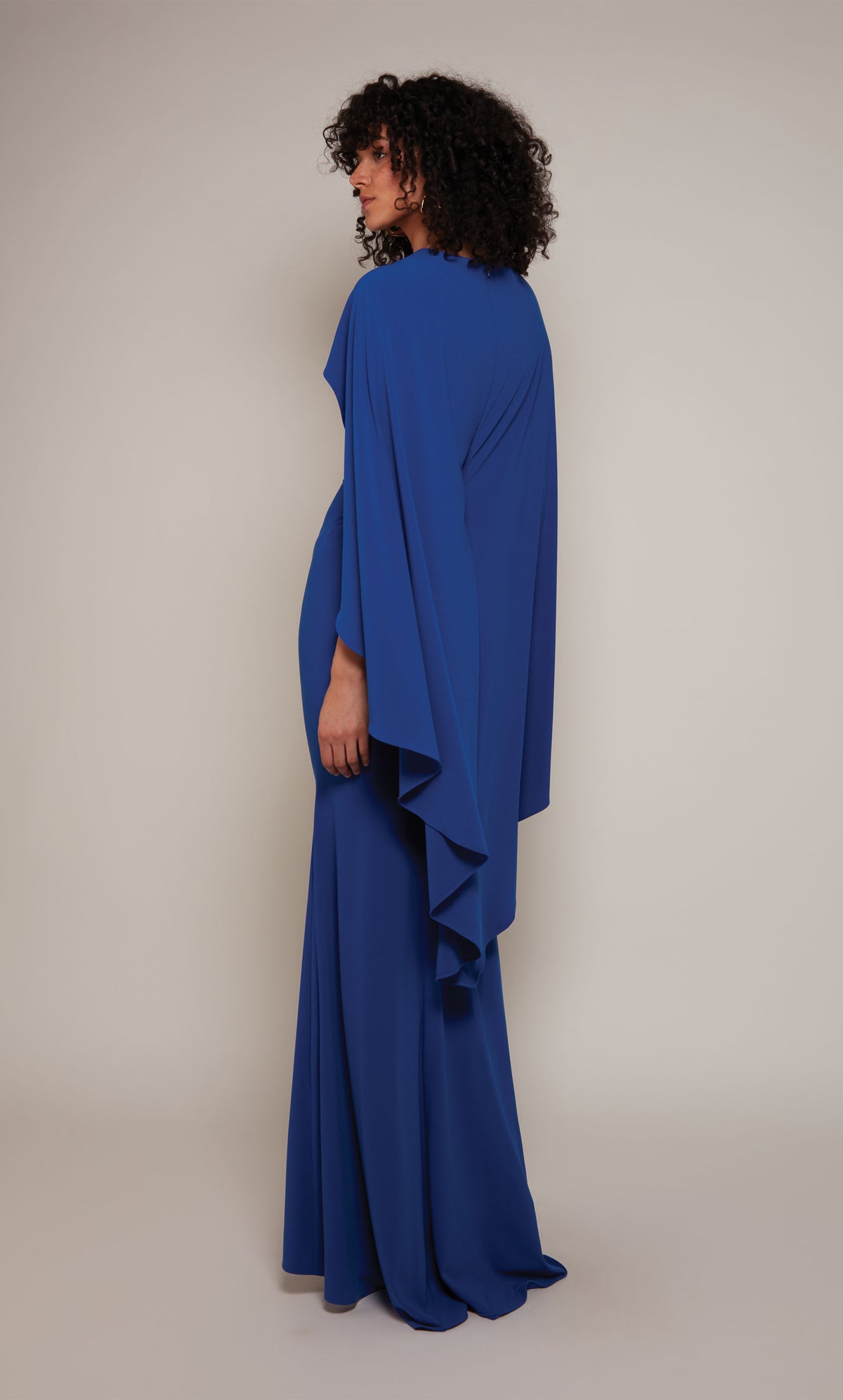 A long, fitted capelet dress with a draped, zip-up back and slightly flared skirt from knee to hemline in royal blue.