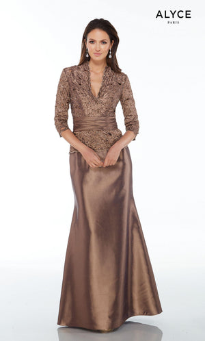 Nutmeg elegant mother of the bride dress with a V-neckline and a lace peplum top with sleeves