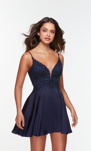 Short girls party dress with a plunging neckline and embellished bodice in midnight blue. Color-SWATCH_3113__MIDNIGHT