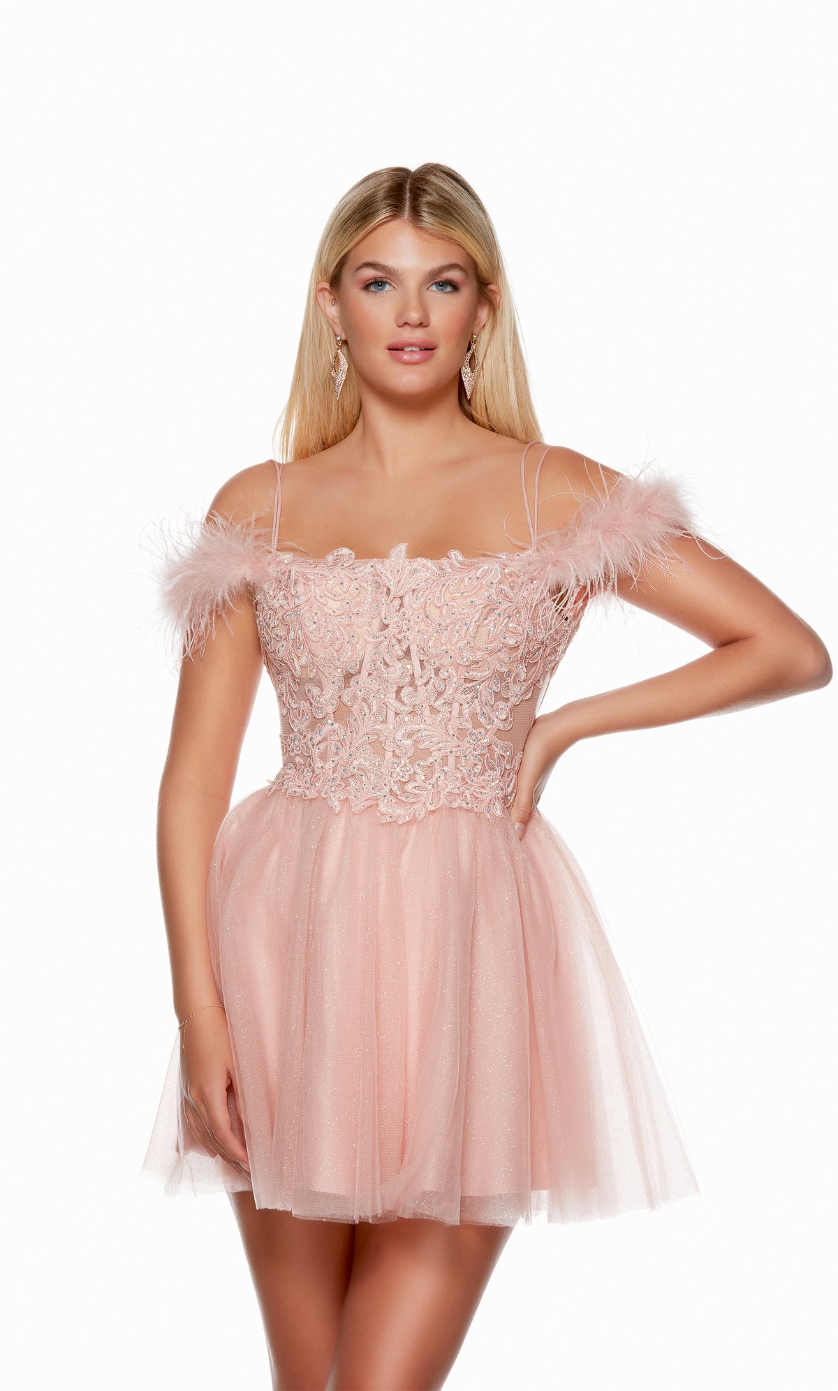 A stunning off-the-shoulder short corset dress with spaghetti straps, adorned with intricate lace detailing and feather trim, designed to make a stylish statement.