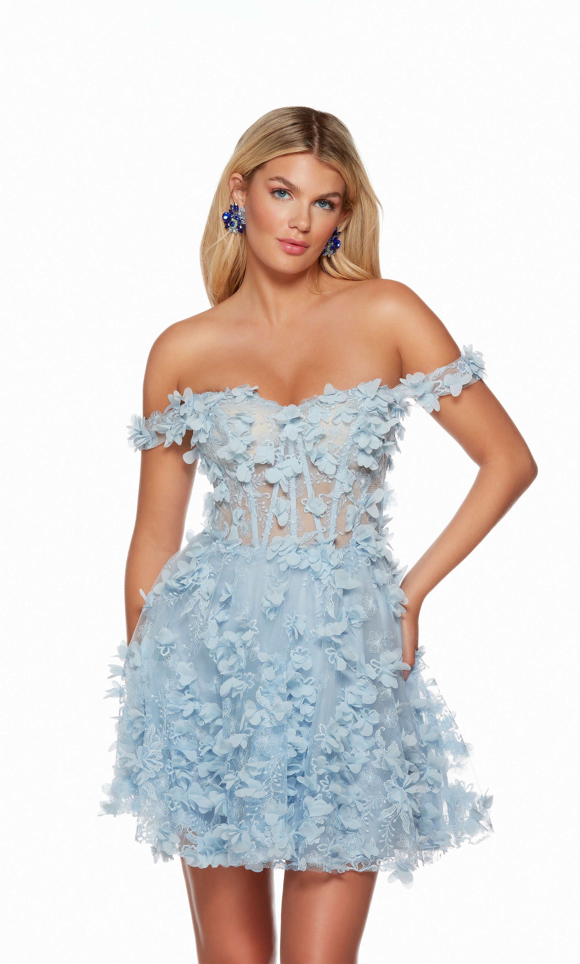 A romantic light blue off-the-shoulder short homecoming dress boasting a sheer, corset bodice adorned with delicate 3D flower appliques throughout. This dress is from our latest collection of gorgeous designer dresses by ALYCE Paris.