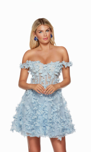 A romantic light blue off-the-shoulder short homecoming dress boasting a sheer, corset bodice adorned with delicate 3D flower appliques throughout.