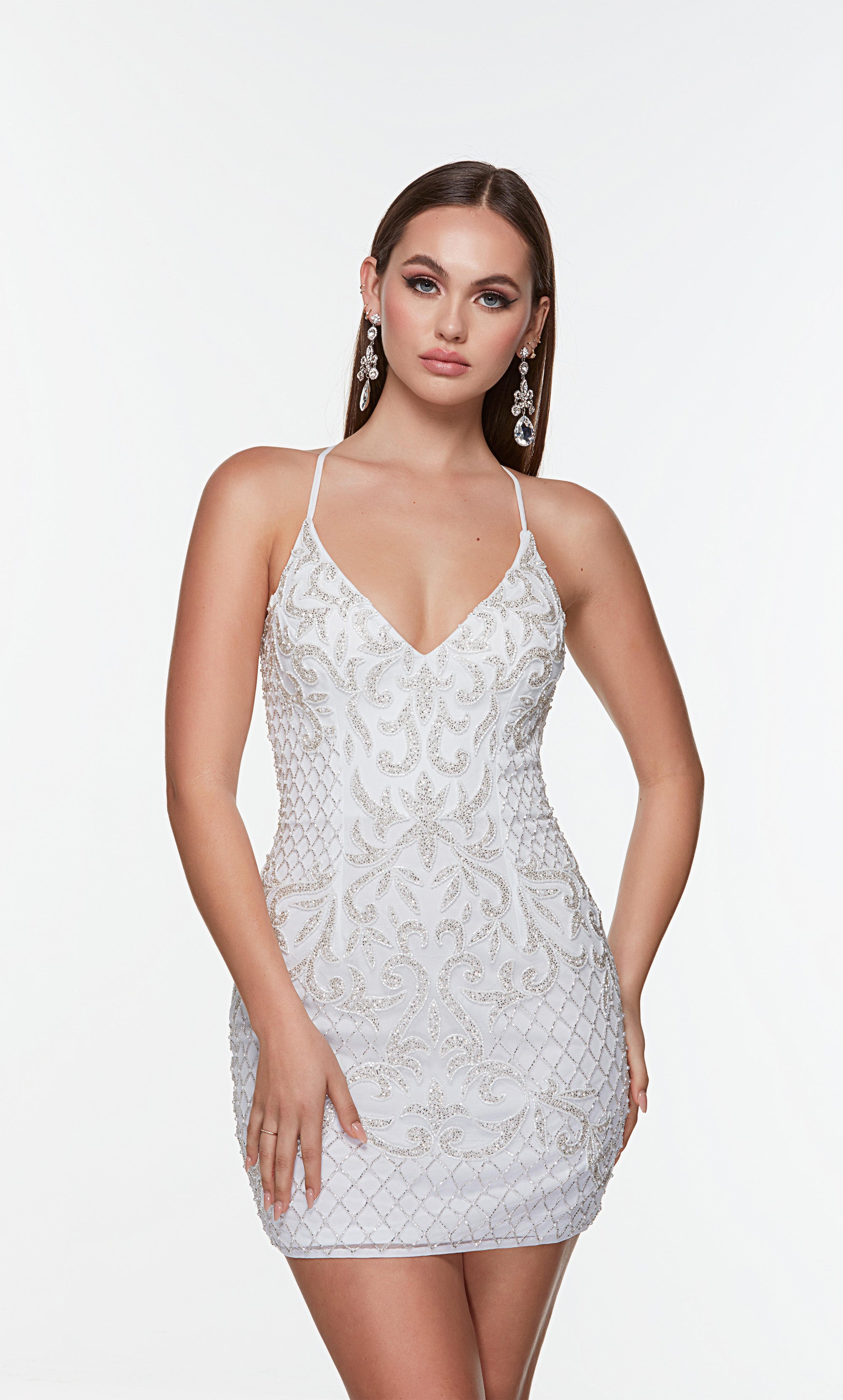 White short beaded dress with a V shaped neckline. Color-SWATCH_4506__DIAMOND-WHITE