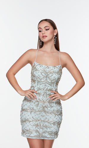 Short blue homecoming dress with a slightly scooped neckline and embellished with silver beads. Color-SWATCH_4507__ICE-BLUE