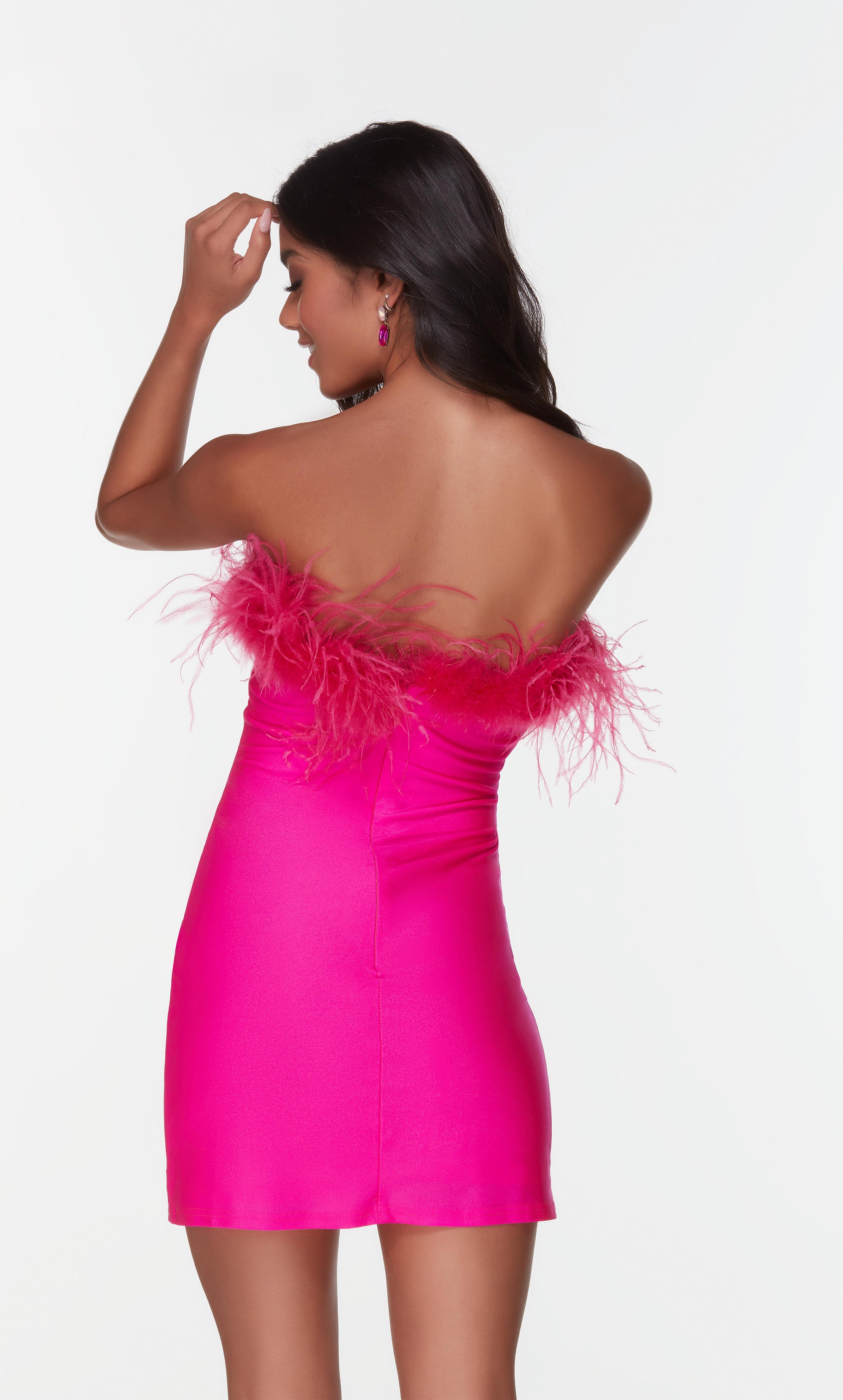 Strapless pink feather dress. Tube dress. Color-SWATCH_4524__ELECTRIC-FUCHSIA