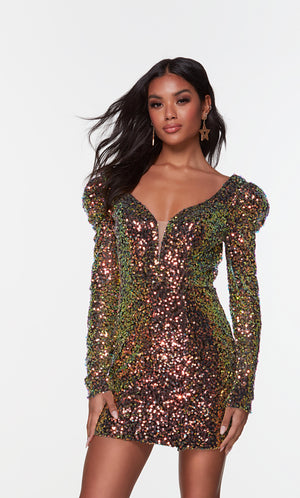 Short iridescent sequin embellished, long sleeve homecoming dress with a plunging neckline. Color-SWATCH_4540__DRAGON-SCALE