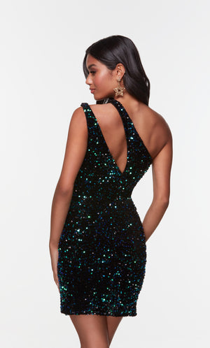 Cut out one shoulder homecoming dress in green iridescent sequins.