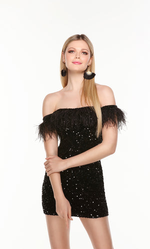 Off the shoulder black sequin homecoming dress.