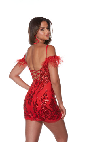 A fitted short red homecoming dress highlighting an off-the-shoulder neckline, a lace-up back, and an intricate sequin embellished design throughout.