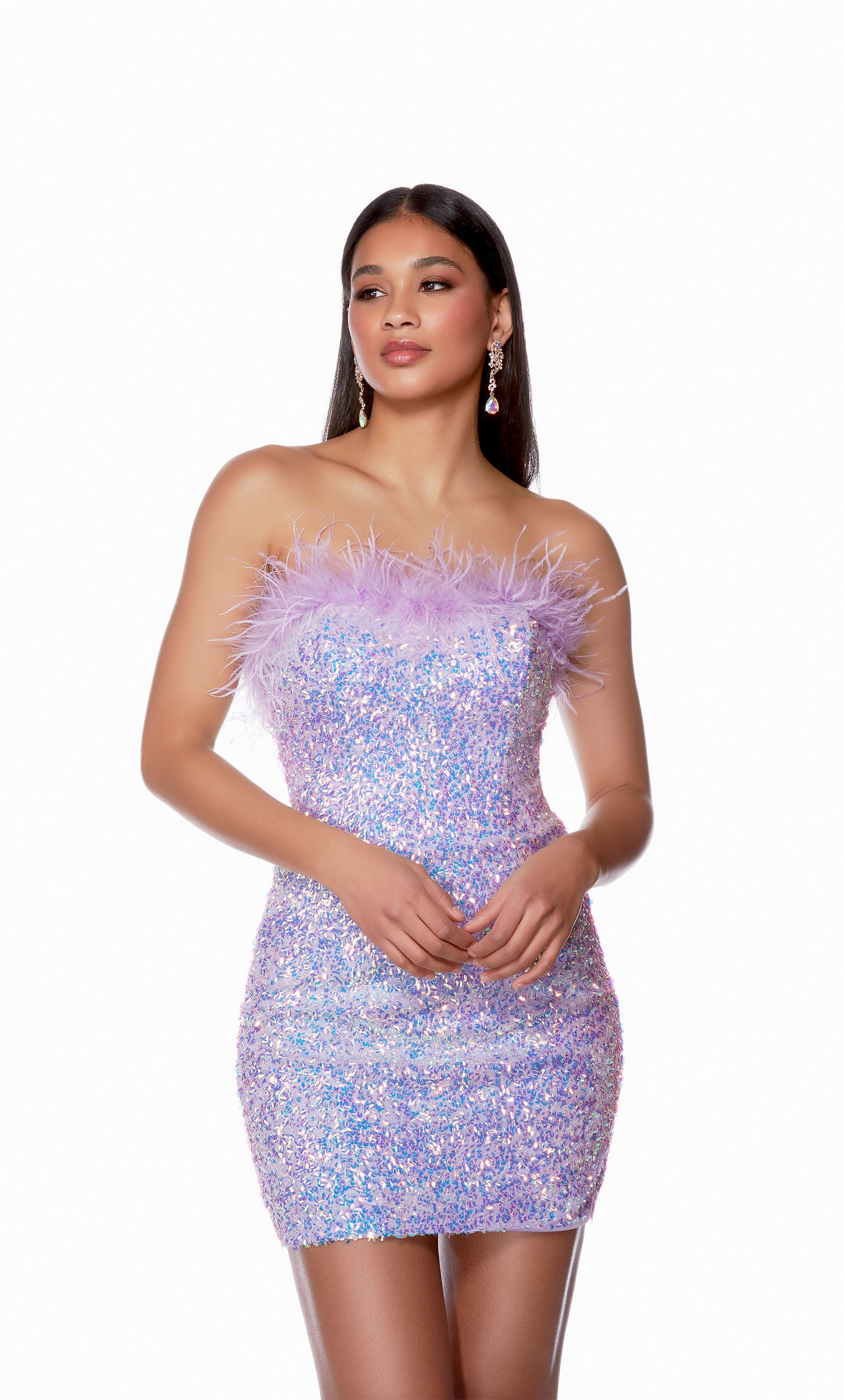 A fun and flirty tube dress made from a light orchid (purple) iridescent sequin fabric. The dress has an off-the-shoulder neckline with matching pink feather trim to complete the glam look.