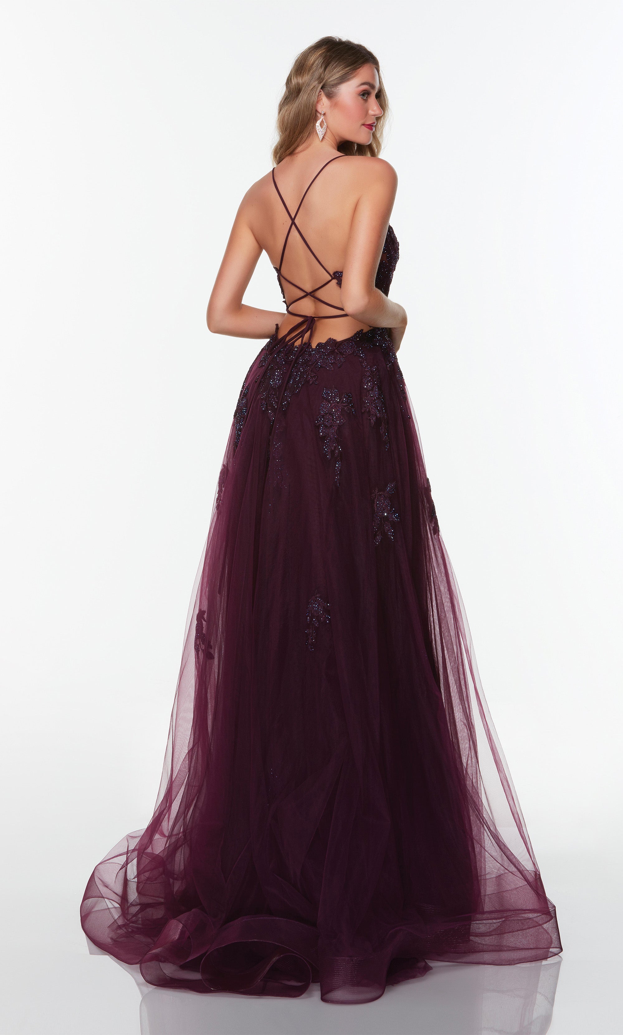 Tulle prom dress with a plunging neckline and floral appliques in black plum. Color-SWATCH_61263__BLACK-PLUM