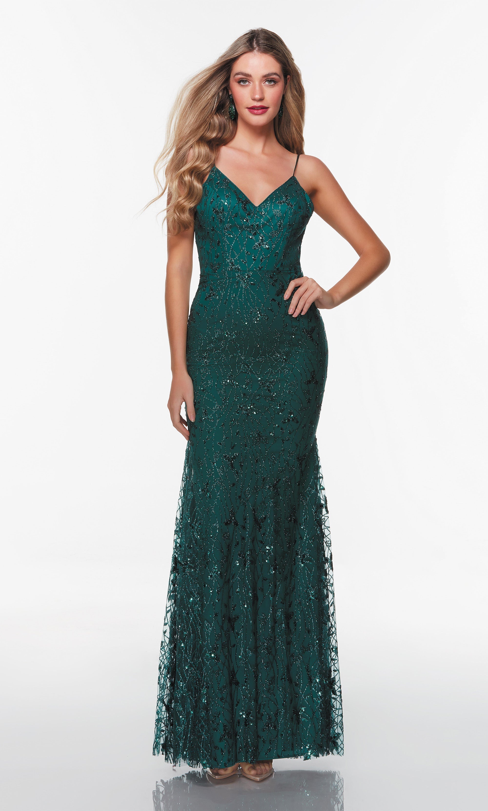 Sparkly green prom dress, floor length.