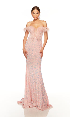 Off the shoulder pink prom dress with feather trim in iridescent sequins. COLOR-SWATCH_61373__PINK-OPAL