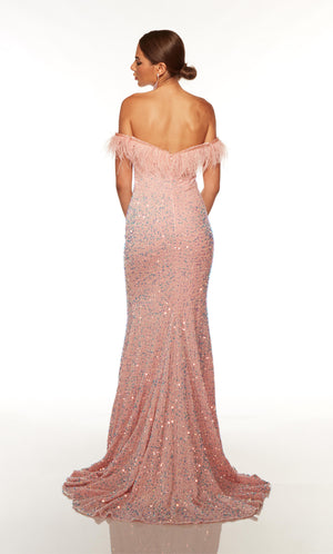 Iridescent pink off the shoulder prom dress with feather trim,  a zip up back, and train.