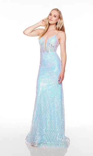 Fit and flare formal dress with a sheer lace corset bodice in iridescent sequins.