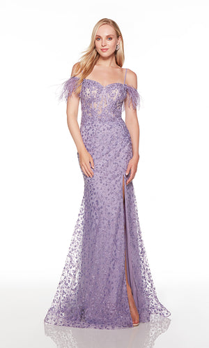 Lavender corset prom dress with feather trim and front slit.