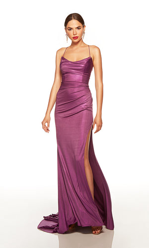 Rached prom dress with side slit in bright purple. COLOR-SWATCH_61433__BRIGHT-PURPLE