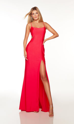 Red prom dress with scoop neck, side cutouts, and front slit. COLOR-SWATCH_61444__WATERMELON