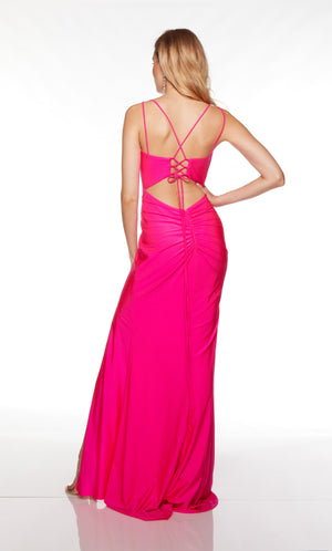 Long cutout back dress with slight train in electric fuchsia.