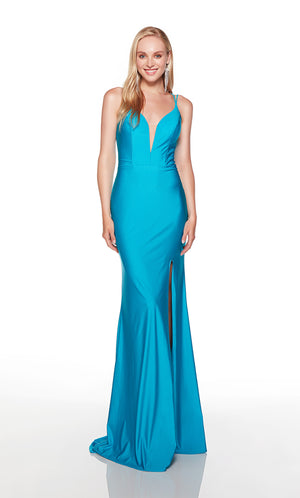 Blue prom dress with plunging neckline and front slit. COLOR-SWATCH_61451__LAGOON